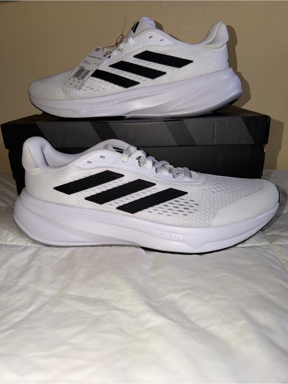 adidas Men’s 12 Response Super M White Athletic Running Shoes with Black Stripes